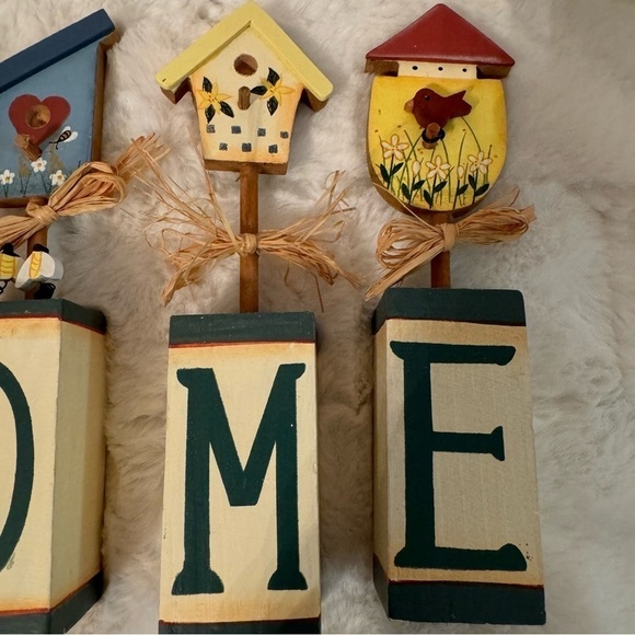 Welcome Birdhouses Wooden Blocks. New. Raffia Bows. Folk Art Farmhouse Decor. - Picture 4 of 15